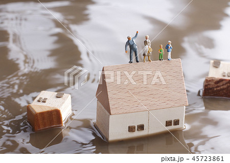 水害で水没した家と孤立する人々 水害で水没した家と孤立する人々 45723861