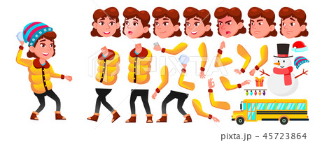 Girl Schoolgirl Kid Vector. Winter Animation Creation Set. Face Emotions, Gestures. Christmas 45723864