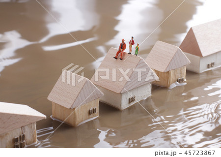 水害で水没した家と孤立する人々 水害で水没した家と孤立する人々 45723867