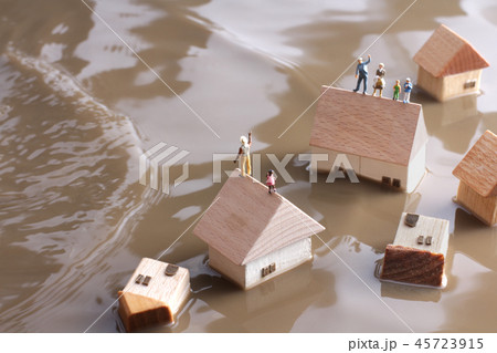 水害で水没した家と孤立する人々 水害で水没した家と孤立する人々 45723915