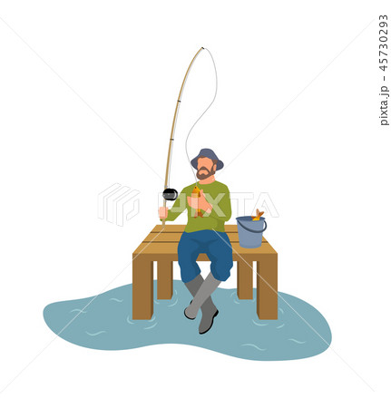 Fisherman with Fishing Rod and Fish Vector Sketch 45730293