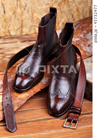 Brown leather chelsea boots polished,leather belt Brown leather chelsea boots polished,leather belt 45732477