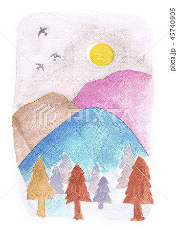 山と鳥のイラスト素材
