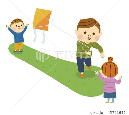 凧揚げをする家族のイラスト素材