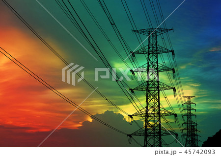 silhouette power electric pole and electric sunset 45742093