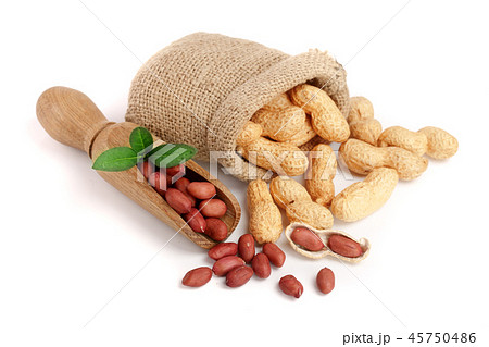 peanuts with leaf in bag isolated on white background 45750486