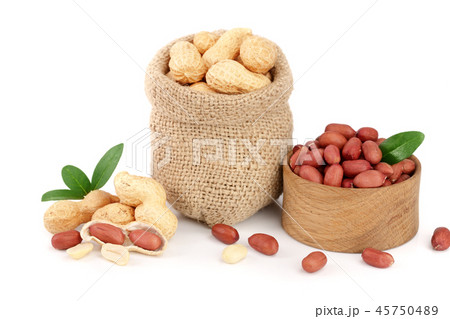peanuts with leaf in bag isolated on white background peanuts with leaf in bag isolated on white background 45750489