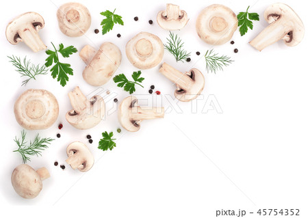 mushrooms with parsley leaf dill and peppercorns isolated on white background with copy space for 45754352