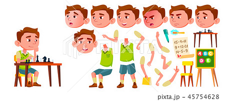 Boy Kindergarten Kid Vector. Animation Creation Set. Face Emotions, Gestures. Caucasian Child 45754628