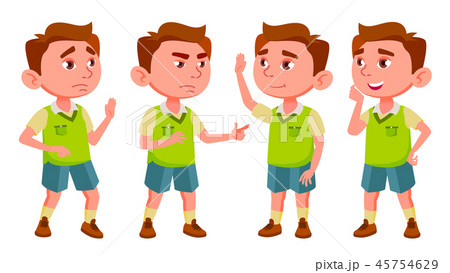 Boy Kindergarten Kid Poses Set Vector. Preschooler Playing. Friendship. For Web, Poster, Booklet 45754629
