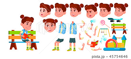 Girl Kindergarten Kid Vector. Animation Creation Set. Face Emotions, Gestures. Friendly Little Girl Kindergarten Kid Vector. Animation Creation Set. Face Emotions, Gestures. Friendly Little 45754646