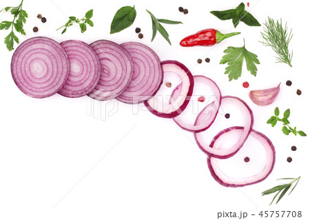 onions, garlic, hot pepper and spices isolated on white background with copy space for your text onions, garlic, hot pepper and spices isolated on white background with copy space for your text 45757708