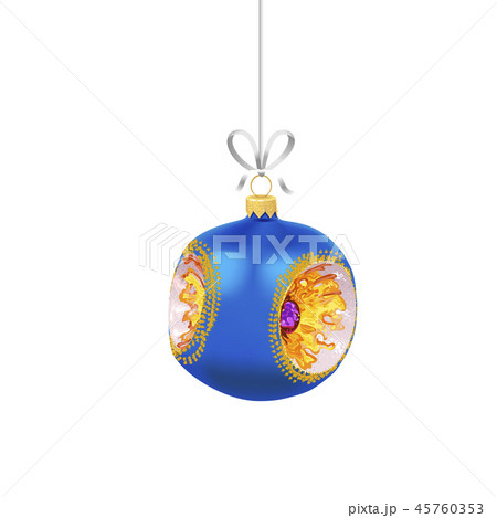 Christmas blue glass ball with with gold ornaments and ribbon isolated on white background 45760353