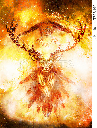 sacred ornamental deer spirit with dream catcher symbol and feathers in cosmic space. 45768440