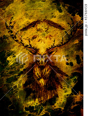 sacred ornamental deer spirit with dream catcher symbol and feathers. 45768459