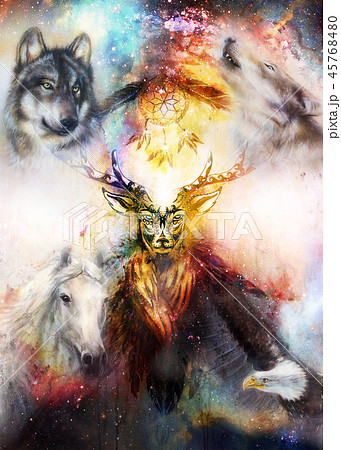 sacred ornamental deer spirit with dream catcher symbol and feathers and wolf, horse, eagle in sacred ornamental deer spirit with dream catcher symbol and feathers and wolf, horse, eagle in 45768480