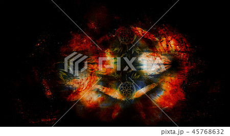 collage with dream catcher, feathers and ornaments, indian spirituality. Cosmic space. collage with dream catcher, feathers and ornaments, indian spirituality. Cosmic space. 45768632