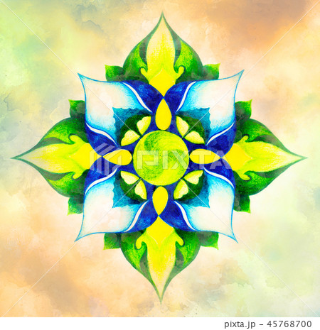 color ornamental mandala and softly blurred watercolor background. color ornamental mandala and softly blurred watercolor background. 45768700