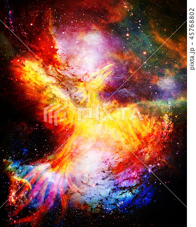 Flying phoenix bird as symbol of rebirth and new beginning in cosmic space. 45768802
