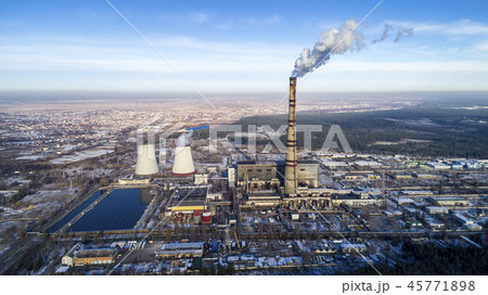 Garbage incineration plant. Waste incinerator plant with smoking smokestack. The problem of 45771898
