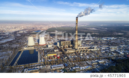 Garbage incineration plant. Waste incinerator plant with smoking smokestack. The problem of 45771903