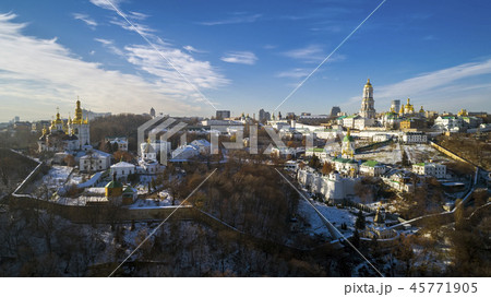 Aerial view of Lavra monastery in Kiev, Ukraine from drone , sunset view , cloudy sky , beautiful 45771905