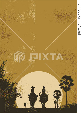 Silhouette of boys riding buffalos 45772117