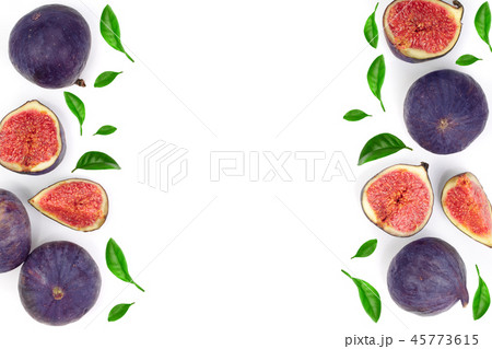 fig fruits with leaves isolated on white background with copy space for your text. Top view. Flat fig fruits with leaves isolated on white background with copy space for your text. Top view. Flat 45773615