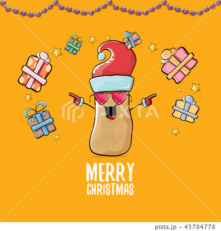 vector funky comic cartoon cute brown smiling santa claus potato with red santa hat, gifts and 45784778