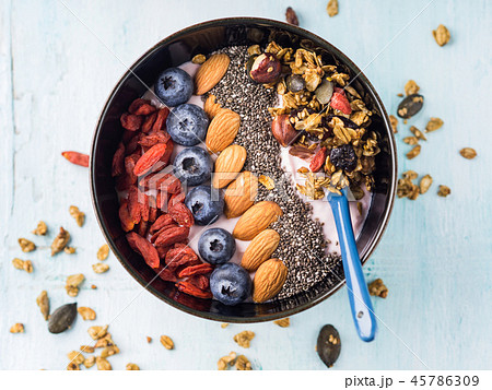 Yogurt smoothie bowl with berries, chia, granola 45786309