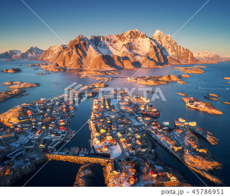 Aerial view of Henningsvaer at sunset in Lofoten Aerial view of Henningsvaer at sunset in Lofoten 45786951