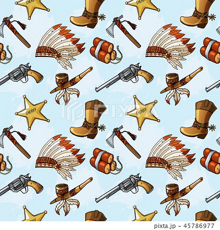 Seamless pattern with hand drawn colored Wild West elements. 45786977