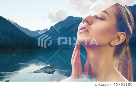 Double exposure of young beautiful woman and nature landscape. Double exposure of young beautiful woman and nature landscape. 45791100