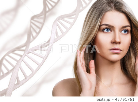 Sensual woman among white DNA chains. Sensual woman among white DNA chains. 45791761