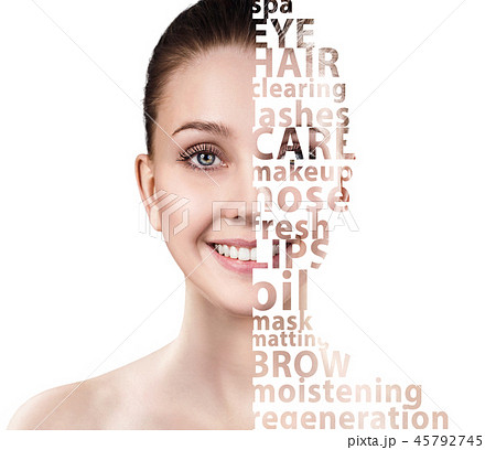 Beautiful woman face with tag beauty words. Beautiful woman face with tag beauty words. 45792745