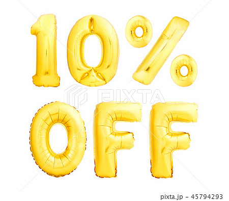 Ten percent off discount. Golden balloons isolated on white 45794293