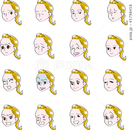 16種類の女性の表情のイラスト素材