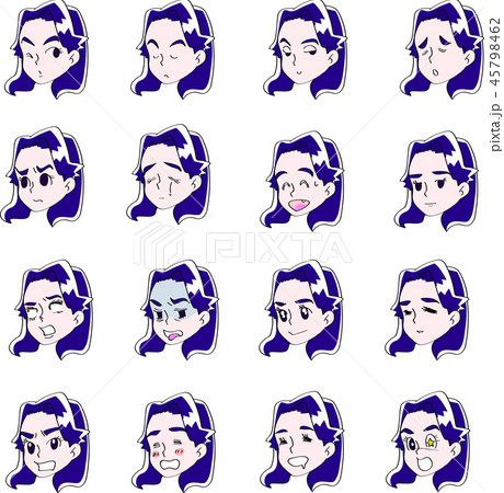 16種類の女性の表情 ロングヘアのイラスト素材