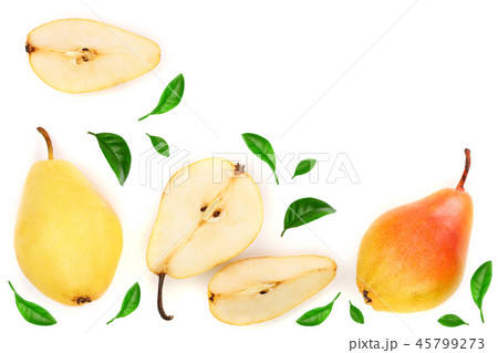ripe red yellow pear fruits with leaves isolated on white background with copy space for your text ripe red yellow pear fruits with leaves isolated on white background with copy space for your text 45799273