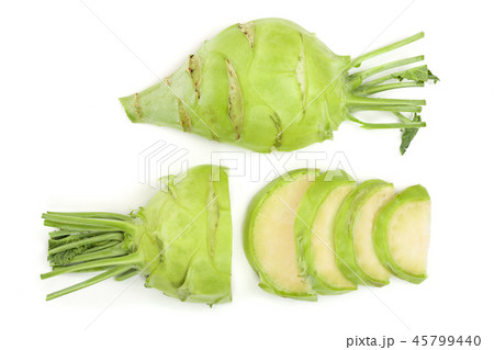 Fresh kohlrabi with green leaves isolated on white backround. Top view. Flat lay 45799440