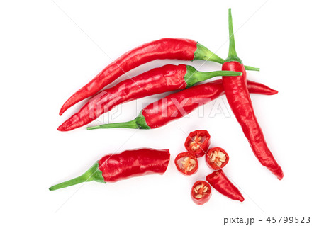 sliced red hot chili pepper isolated on white background. Top view. Flat lay pattern 45799523
