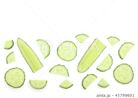 Cucumber slices isolated on white background with copy space for your text. Top view. Flat lay Cucumber slices isolated on white background with copy space for your text. Top view. Flat lay 45799601