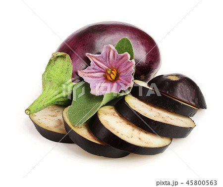 sliced eggplant or aubergine vegetable with flower isolated on white background sliced eggplant or aubergine vegetable with flower isolated on white background 45800563