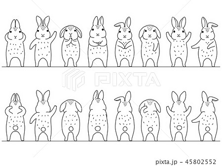 かわいいウサギのボーダーのセット 正面と背面 線画のイラスト素材