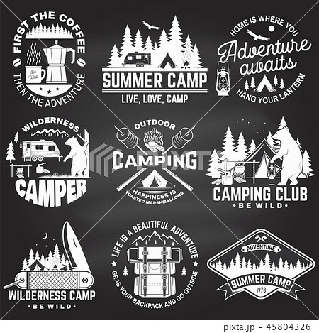 Summer Camp Vector Concept For Shirt Or Patch Print Stamp Vintage  Typography Design With Rv Trailer Camping Tent Campfire Bear Coffee Maker  Pocket Knife And Forest Silhouette Stock Illustration - Download Image