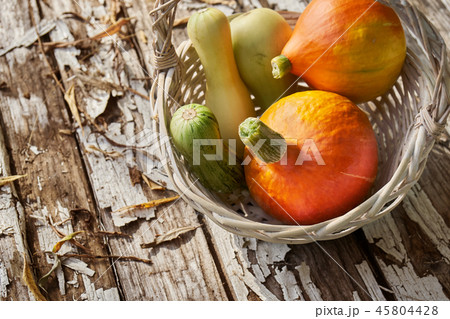 Still life with freshly collected vegetables in a wicker backet on the old wooden boards Still life with freshly collected vegetables in a wicker backet on the old wooden boards 45804428
