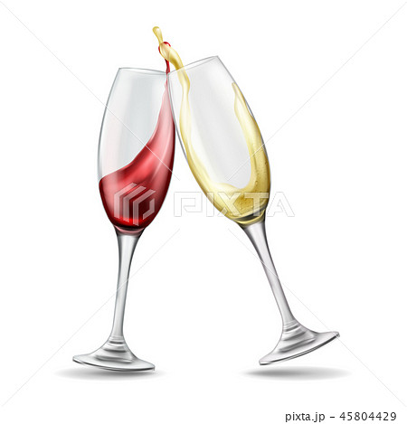 Two wine glasses with red and white wine in celebratory toast Two wine glasses with red and white wine in celebratory toast 45804429