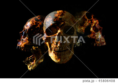 Head skull in flame on dark black background. Head skull in flame on dark black background. 45806408