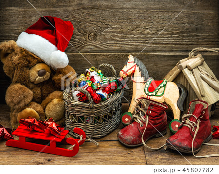 Christmas decoration vintage toys wooden backgr Christmas decoration vintage toys wooden backgr 45807782