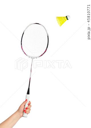 Hand with badminton racket and shuttlecock 45810771
